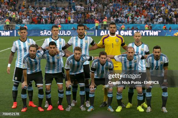 Back Row - Argentina's Marcos Rojo, Fernando Gago, Ezequiel Garay, Sergio Romero, Maxi Rodriguez. Front Row - Gonzalo Higuain, Enzo Perez, Lucas...