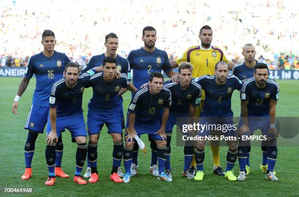 Argentina team group Marcos Rojo, Martin Demichelis, Ezequiel Garay, Sergio Romero, Javier Mascherano Gonzalo Higuain, Enzo Perez, Lionel Messi,...