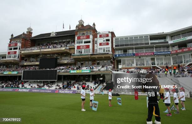 Surrey mascot Caesar the Lion with match day mascots on the pitch