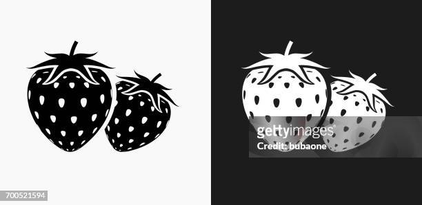 two strawberries icon on black and white vector backgrounds - strawberry stock illustrations