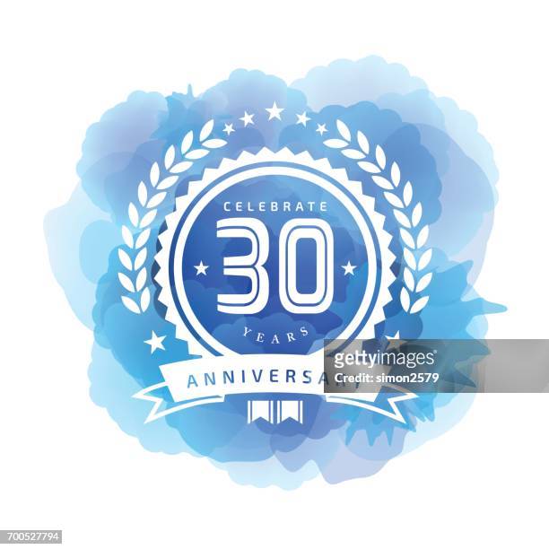 30 jahre jubiläum emblem auf blaue farbe aquarell hintergrund - 30 34 years stock-grafiken, -clipart, -cartoons und -symbole