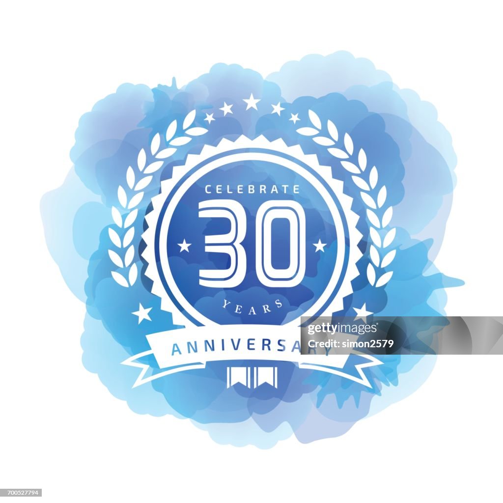 Thirty Years Anniversary Emblem on blue color watercolor background
