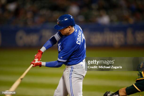 Chris Coghlan of the Toronto Blue Jays bats during the game against the Oakland Athletics at the Oakland Alameda Coliseum on June 6, 2017 in Oakland,...