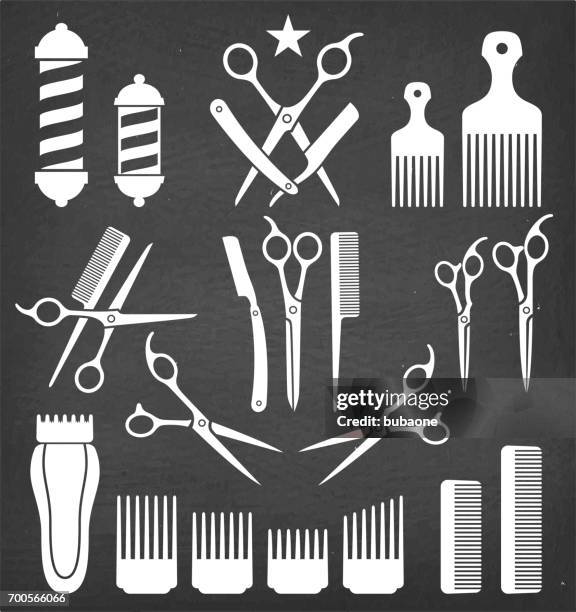 barbershop barber tools for haircut vector icon set - haircutting scissors stock illustrations
