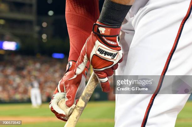 Ryan Raburn of the Washington Nationals wears Franklin batting gloves during the game against the Texas Rangers at Nationals Park on June 9, 2017 in...