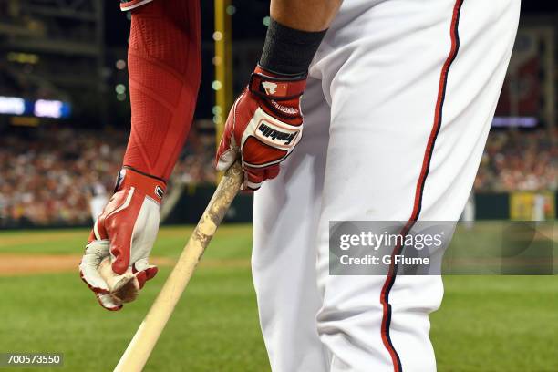 Ryan Raburn of the Washington Nationals wears Franklin batting gloves during the game against the Texas Rangers at Nationals Park on June 9, 2017 in...