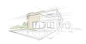 Vector illustration of linear project architectural sketch detached house