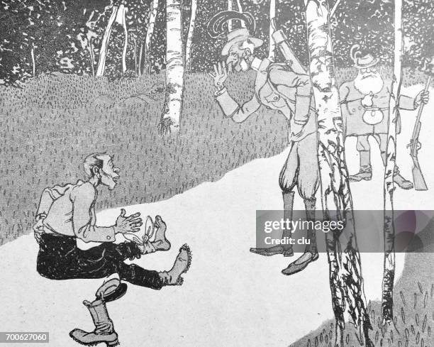 Hunters Arguing Two Hunters Talking To A Fallen Hunting Helper High-Res Vector Graphic ...