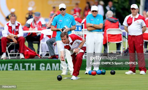 England's John McGuinness in action during the Men's Triples against the Falkland Islands.