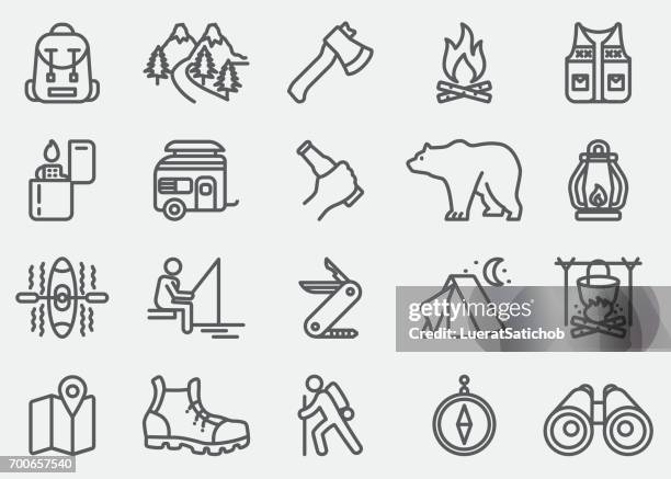 camping abenteuer linie symbole - hike mountain stock-grafiken, -clipart, -cartoons und -symbole