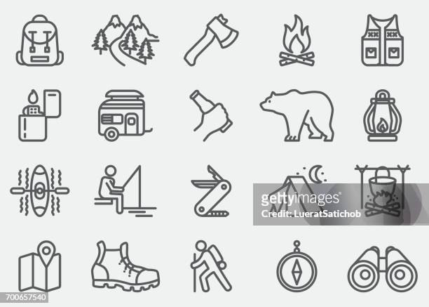 camping adventure line icons - backpack vector stock illustrations
