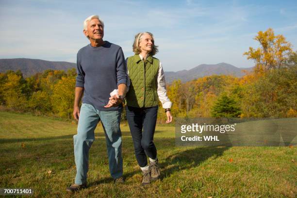 older caucasian couple walking in field - senior women walking stock pictures, royalty-free photos & images