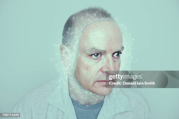 stockillustraties, clipart, cartoons en iconen met face of caucasian man in cyberspace - blank