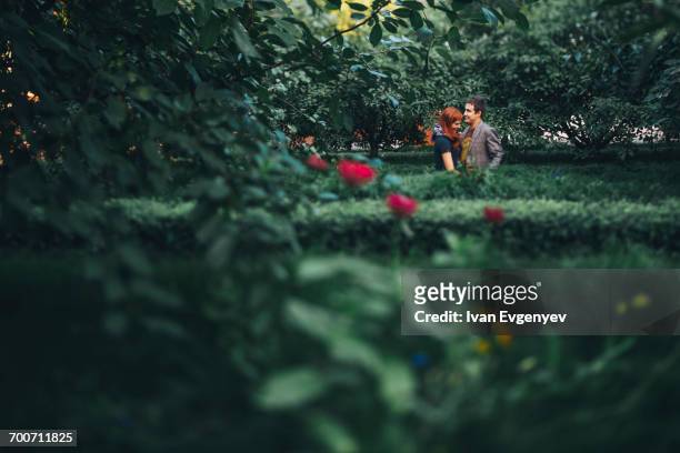 distant caucasian couple standing behind hedges - hedge fonds stock pictures, royalty-free photos & images