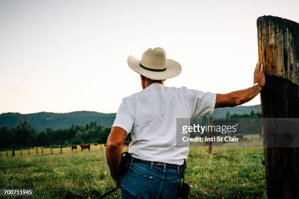 caucasian farmer leaning on wooden post - cowboy hat stock pictures, royalty-free photos & images