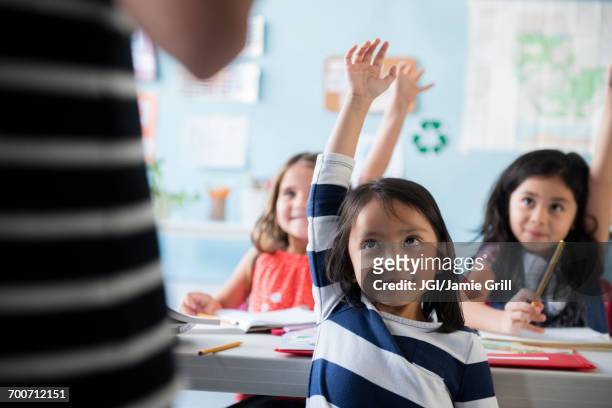 girls raising hand for teacher in classroom - asian kid raising hand bildbanksfoton och bilder