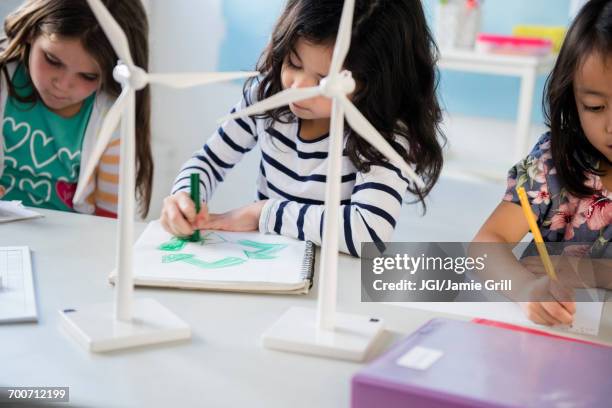 girls learning about windmills and recycling in classroom - educação ambiental imagens e fotografias de stock