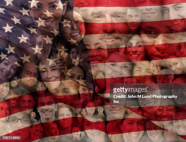 collage of smiling faces on american flag - native korean stock-fotos und bilder