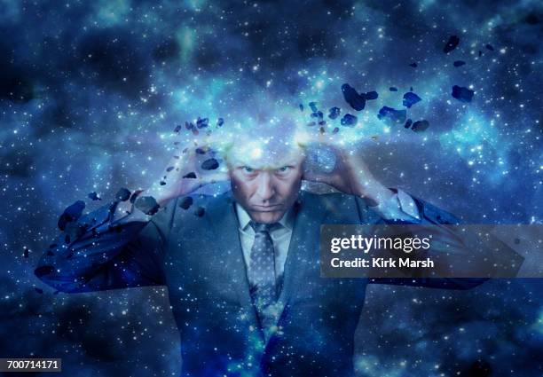 illustrations, cliparts, dessins animés et icônes de head of businessman exploding in outer space - one mid adult man only stock illustrations