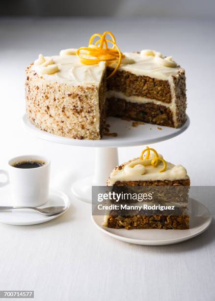 coffee and slice of cake - carrot cake stock pictures, royalty-free photos & images