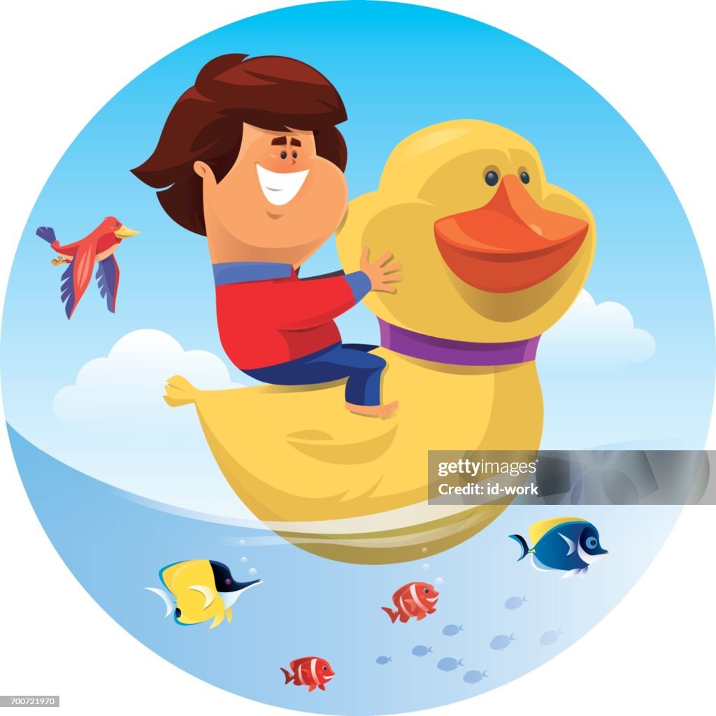 Duck Riding Human Happy Boy Riding On Rubber Duck High-Res Vector Graphic - Getty Images