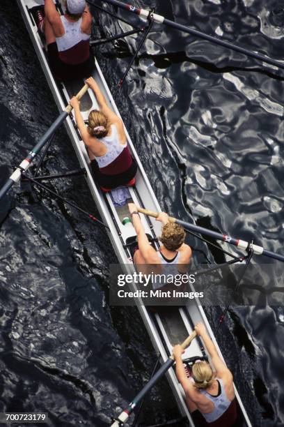 overhead view of female crew racers rowing scull boat. - koordination stock-fotos und bilder