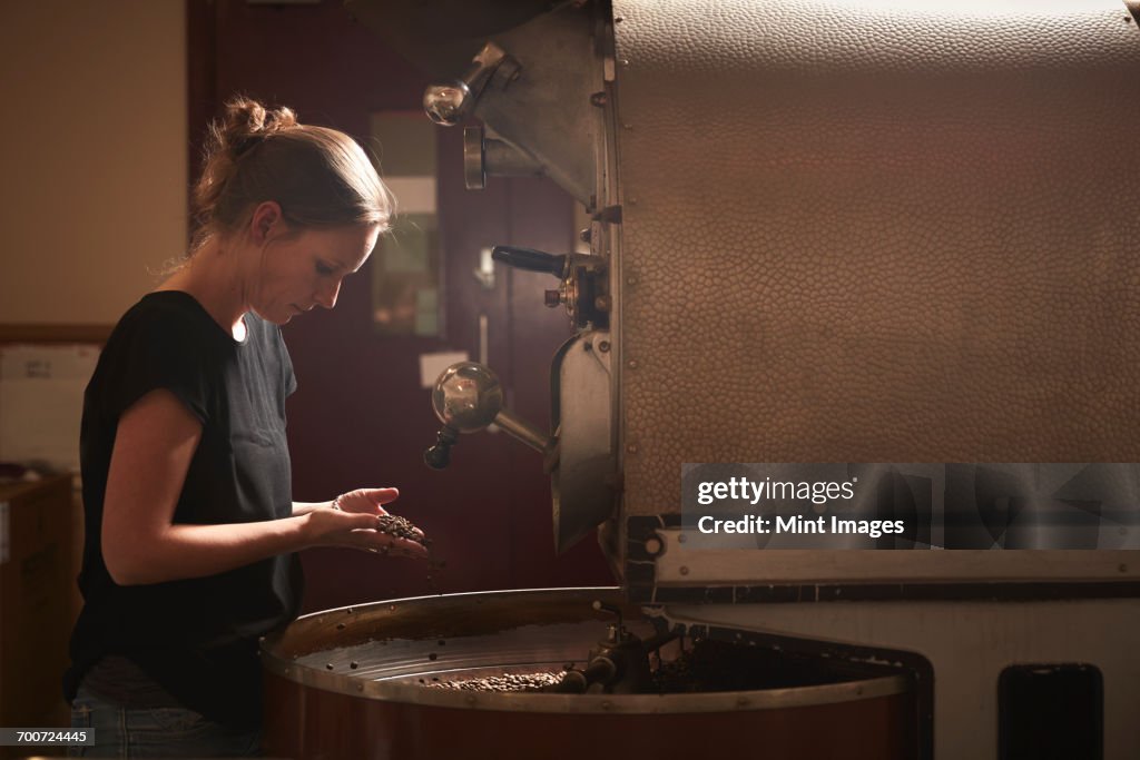 A woman testing a handful of roasted coffee beans.
