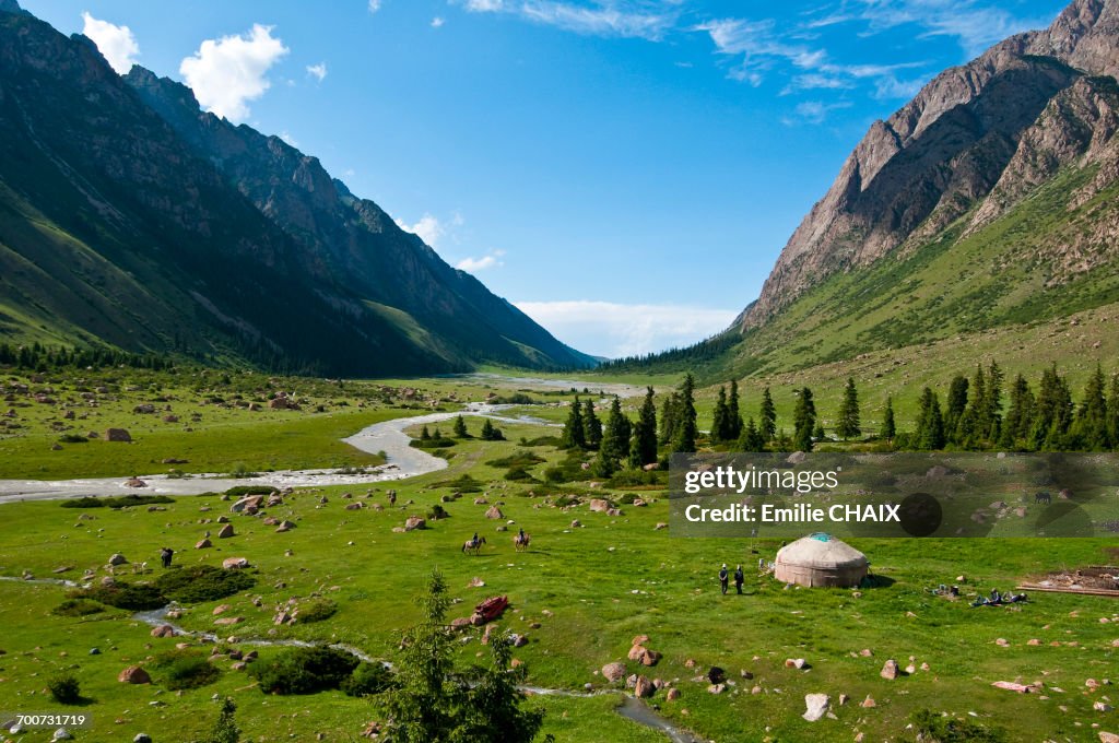 Central Asia, Kyrgyzstan, Issyk Kul Province (Ysyk-K_l), Juuku valley, every year Tourar Ousounbaev and Nourgul Toktosounovas family setlles for a few months in a yurt in the middle of Juuku Valley