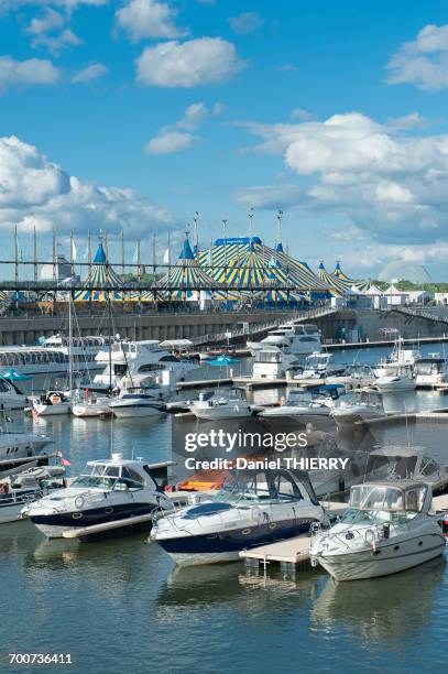 canada. province of quebec, montreal. the old port. the marina and the big top of the cirque du soleil - province du québec stock pictures, royalty-free photos & images