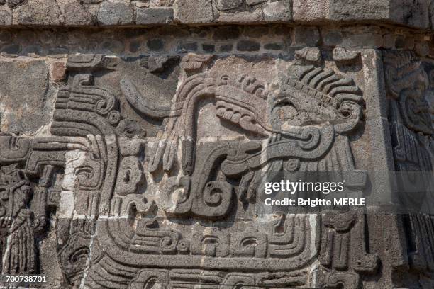 mexico, morelos state, pre-columbian site, the feathered serpents pyramid, detail of the bas-reliefs of xochicalco, unesco world heritage - the serpent stock pictures, royalty-free photos & images