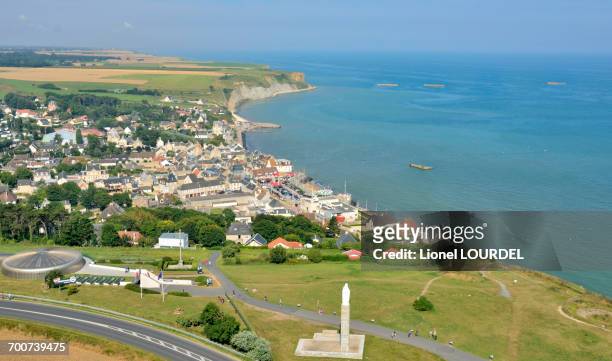 france, normandy, view of arromanches, general view, remains of the artificial harbour of ww ii landing in the background, aerial view - calvados stock pictures, royalty-free photos & images