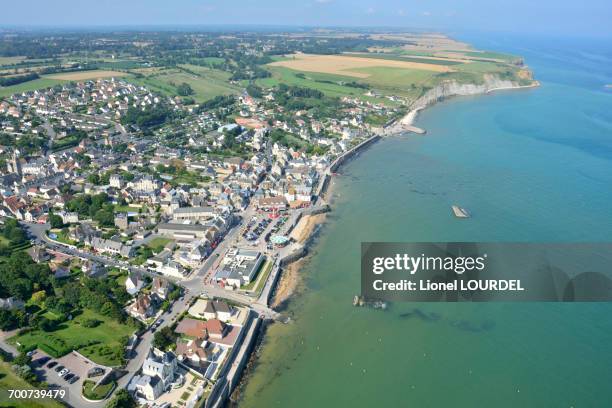 france, normandy, view of arromanches, general view, remains of the artificial harbour of ww ii landing in the background, aerial view - calvados stock pictures, royalty-free photos & images