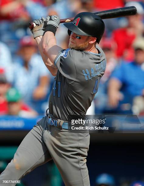 Jeremy Hazelbaker of the Arizona Diamondbacks in action against the Philadelphia Phillies during a game at Citizens Bank Park on June 18, 2017 in...