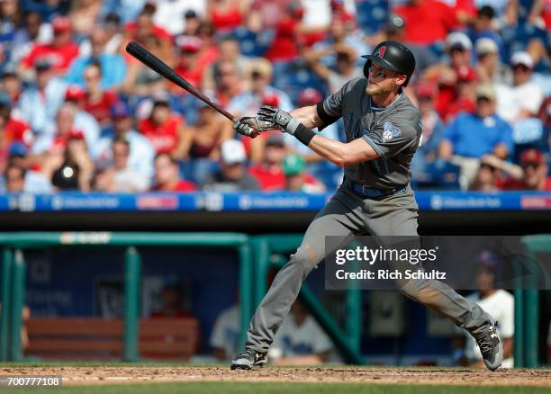 Jeremy Hazelbaker of the Arizona Diamondbacks in action against the Philadelphia Phillies during a game at Citizens Bank Park on June 18, 2017 in...