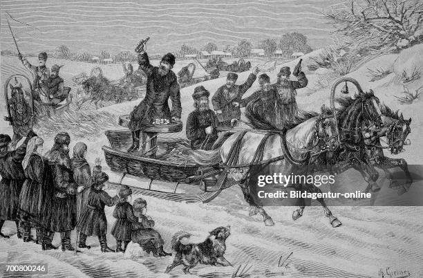 Sleigh ride on the river Rade, during the Maslenitsa, butter weeks festival in Russia, Woodcut from 1892.