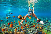 Happy couple snorkeling underwater over coral reef