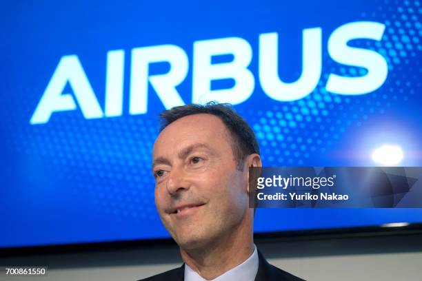Fabrice Bregier, chief executive officer of Airbus SAS, smiles during a news conference at the Airbus charlet at the 52nd International Paris Air...