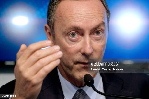 Fabrice Bregier, chief executive officer of Airbus SAS, speaks during a news conference at the Airbus charlet at the 52nd International Paris Air...