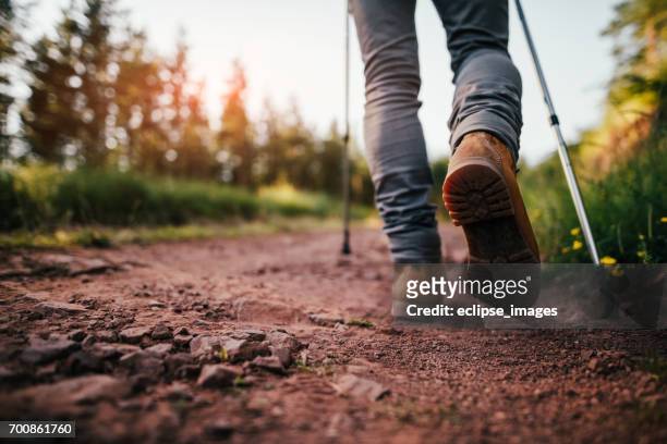 escursionista cammina sul sentiero di montagna - blue shoe foto e immagini stock
