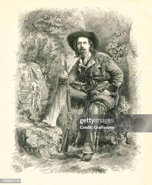 buffalo bill sitzen mit gewehr im wald-wild-west 1877 - bleistiftzeichnung stock-grafiken, -clipart, -cartoons und -symbole