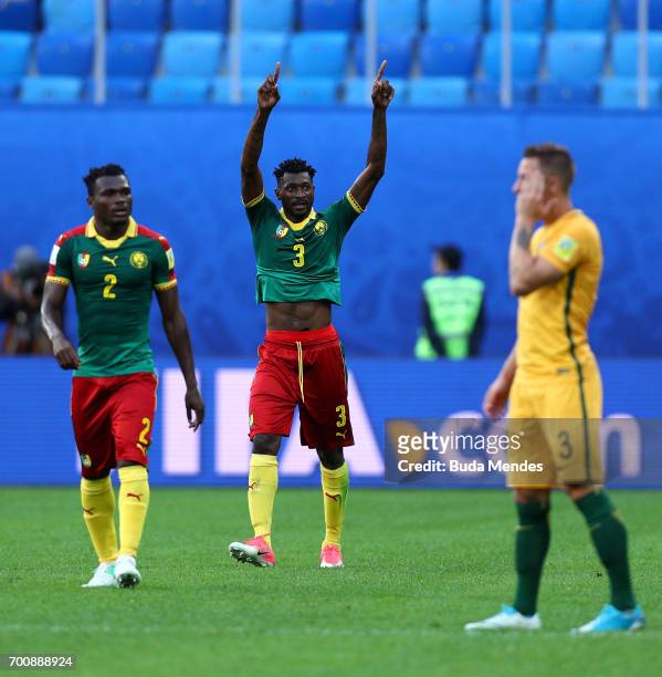 Andre Zambo of Cameroon celebrates scoring the opening goal during the FIFA Confederations Cup Russia 2017 Group B match between Cameroon and...