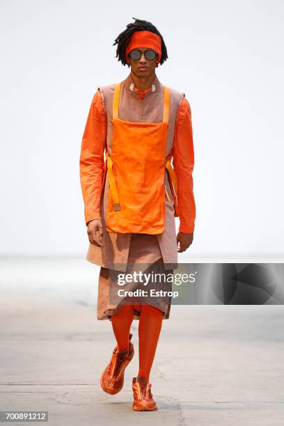 Model walks the runway during the Boris Bidjan Saberi Menswear Spring/Summer 2018 show as part of Paris Fashion Week on June 22, 2017 in Paris,...