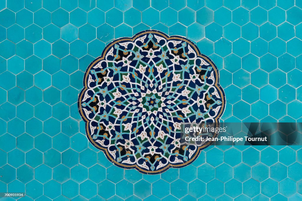 Turquoise Mosaic on a wall of Jameh Mosque in Yazd, Iran