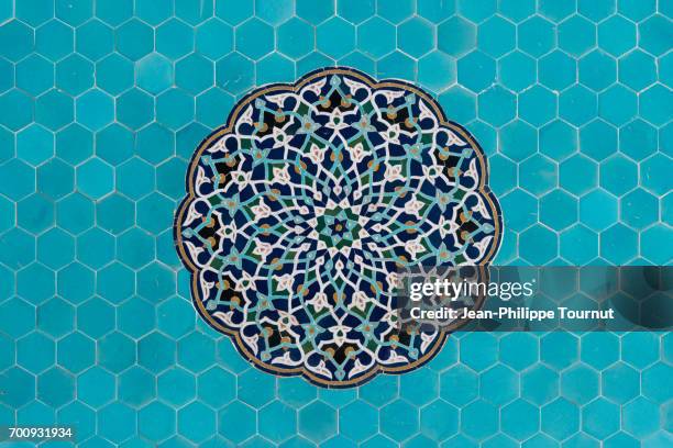 turquoise mosaic on a wall of jameh mosque in yazd, iran - mosque pattern stock pictures, royalty-free photos & images