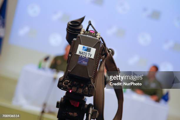 Television camera belonging to the NATO media operation is seen during of a press conference on the CWIX interoperability training weeks in...
