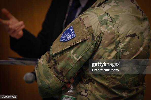 The JFTC badge is seen on the uniform of a soldier ahead of a press conference on the CWIX interoperability training weeks in Bydgoszcz, Poland on 22...