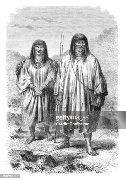 ilustraciones, imágenes clip art, dibujos animados e iconos de stock de nativos americanos de la tribu antis en perú 1864 - indian costume