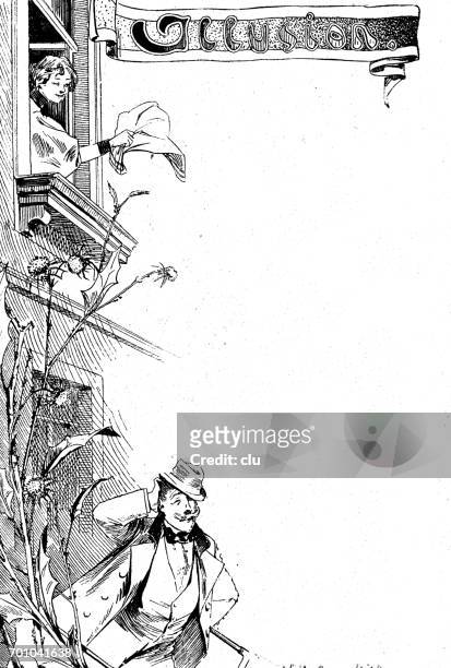 stockillustraties, clipart, cartoons en iconen met vrouw in eerste verdieping zwaaien met doek, man groot door onder - 1890 1899
