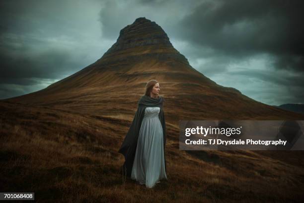 young woman in long dress walking in a field iceland - vestido comprido - fotografias e filmes do acervo