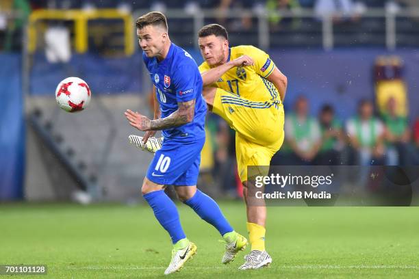 Albert Rusnak Kerim Mrabti during the UEFA European Under-21 match between Slovakia and Sweden at Arena Lublin on June 22, 2017 in Lublin, Poland.